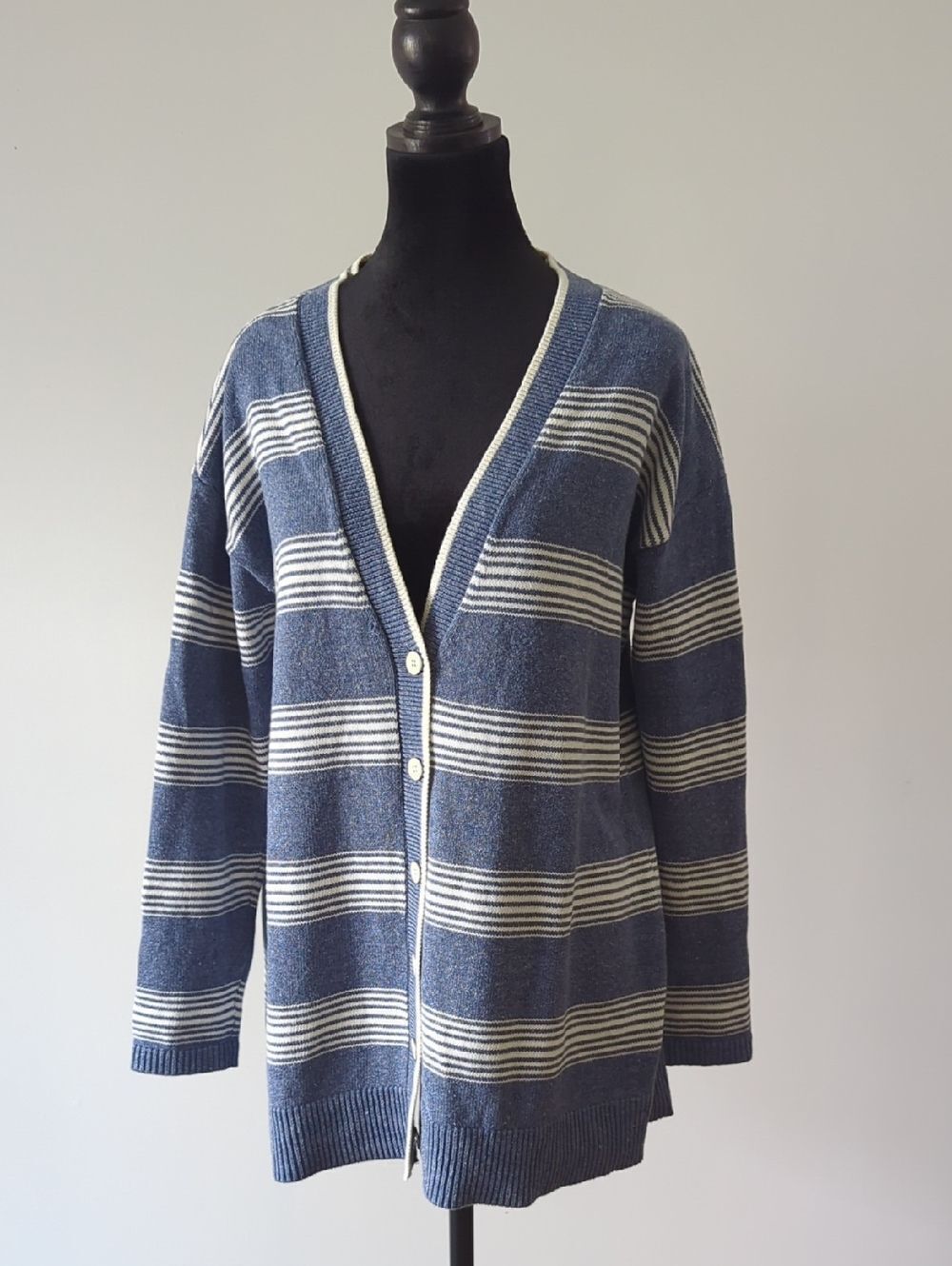 Talbots Striped Blue and Cream Button-Front Women's Cardigan Sweater Petit Medi